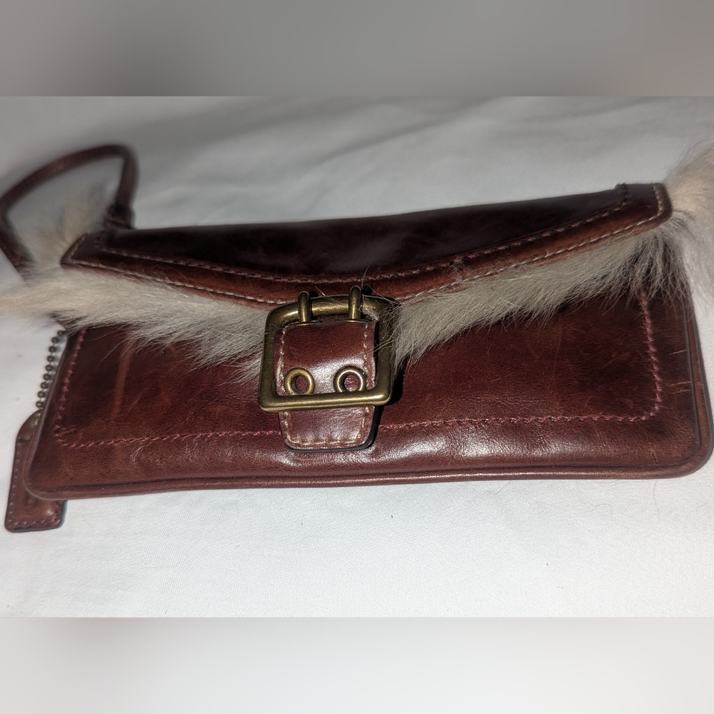 Coach Brown Leather and Cream Fur Clutch with Brass Buckle - Picture 3 of 9